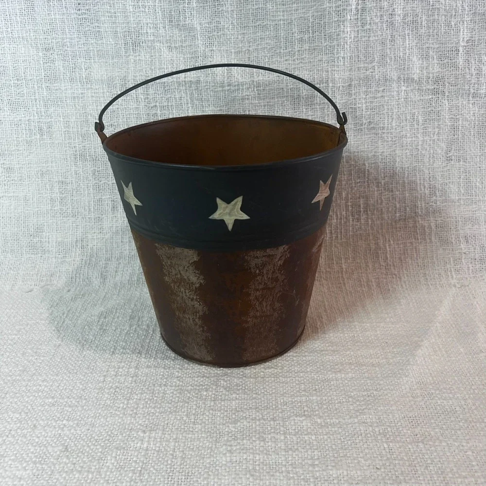 Primitive Rustic American Flag Tin Bucket‎ Holiday Seasonal Decor USA 6.75